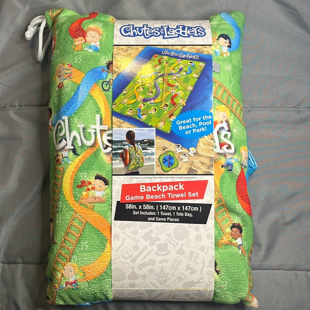 Hasbro Chutes & Ladders Game Beach Towel Backpack Set NWT Towel 58 in X 58 in